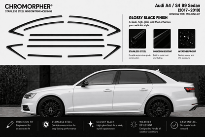 Chromorpher stainless steel window trim kit for Audi A4 / S4 B9 Sedan, showing the black curved trim pieces at the top and a white sedan demonstrating the glossy black finish below.