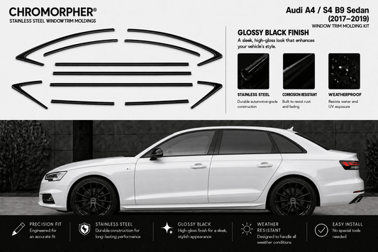 Chromorpher stainless steel window trim kit for Audi A4 / S4 B9 Sedan, showing the black curved trim pieces at the top and a white sedan demonstrating the glossy black finish below.