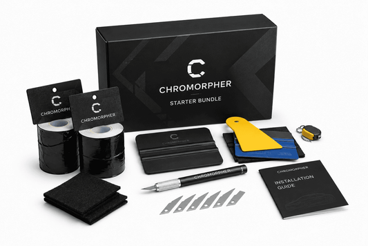 Chromorpher starter bundle kit on a white background, including a black branded box, black tape rolls, a black pen, metal blades, a yellow and blue card, a small yellow-and-black tool, and an instruction guide.