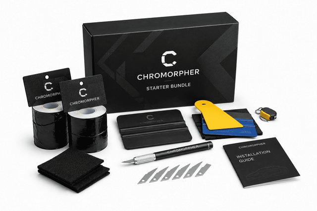 Chromorpher starter bundle kit on a white background, including a black branded box, black tape rolls, a black pen, metal blades, a yellow and blue card, a small yellow-and-black tool, and an instruction guide.