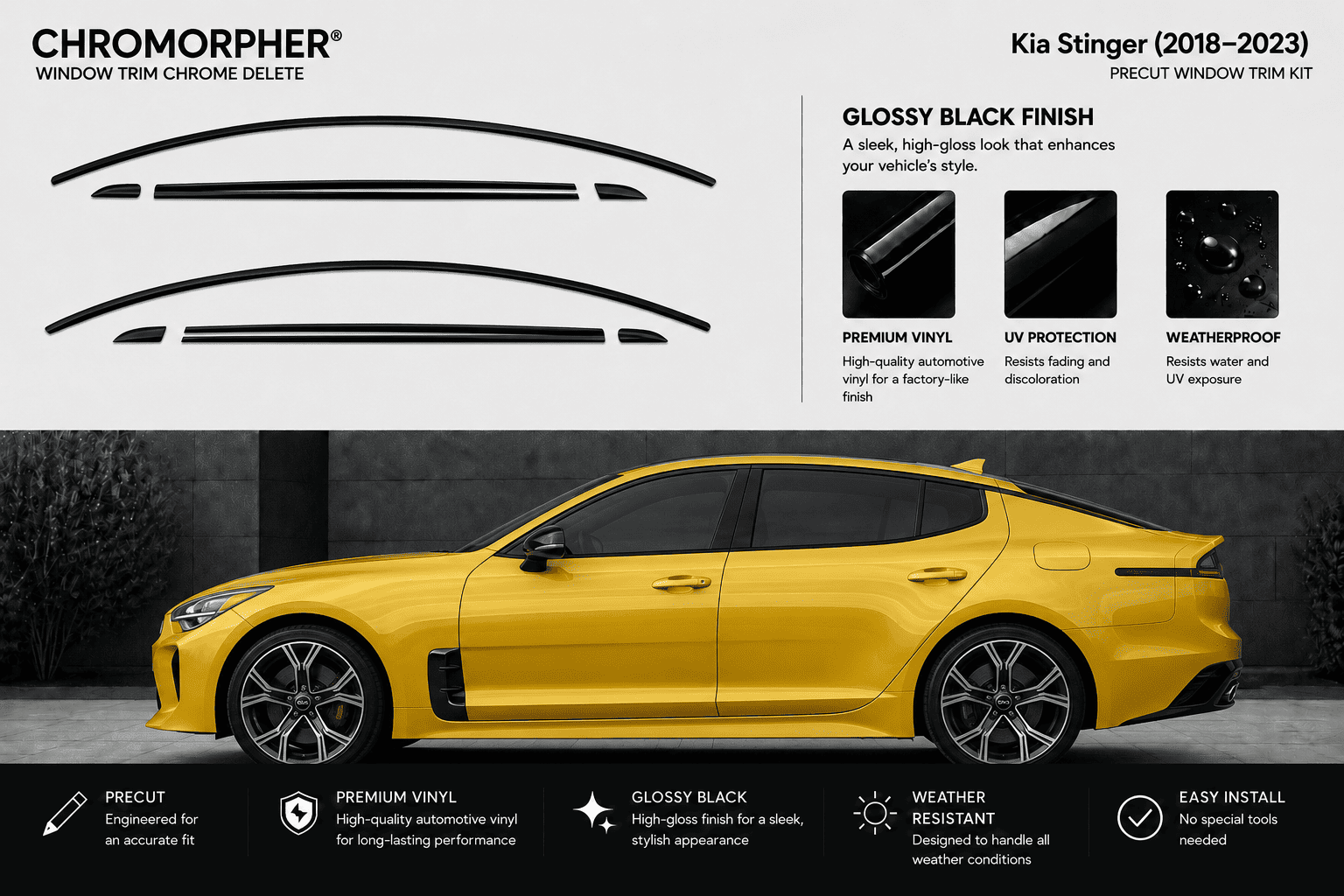 Chromapher window trim chrome delete kit for Kia Stinger (2018-2023) shown with black outline graphics of the trim paths above a yellow Kia Stinger car on a dark gray background. Features text detailing glossy black finish, premium vinyl, UV protection, and weatherproof qualities.