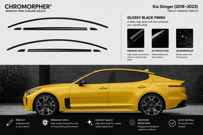 Chromapher window trim chrome delete kit for Kia Stinger (2018-2023) shown with black outline graphics of the trim paths above a yellow Kia Stinger car on a dark gray background. Features text detailing glossy black finish, premium vinyl, UV protection, and weatherproof qualities.