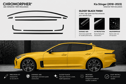 Chromorpher ABS window trim moldings shown as black outline graphics at the top, with feature callouts for glossy black finish, durable ABS, UV protection, and weatherproof design. A bright yellow sports car is pictured below on a dark gray background to demonstrate the trim in use.