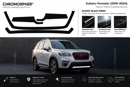 ChroMorpher Subaru Forester front precut chrome delete kit (2019–2024) showing the precut vinyl pieces and the trim area outlined in red.