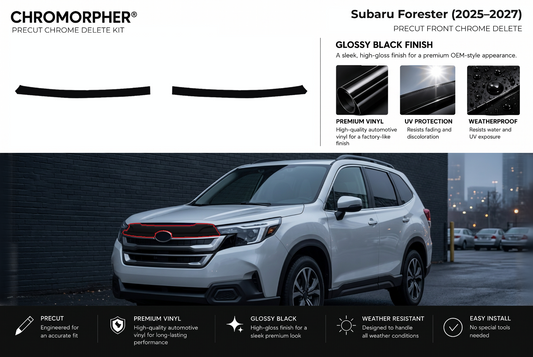 ChroMorpher Subaru Forester front precut chrome delete kit (2025–2027) showing the precut vinyl pieces and the trim area outlined in red.