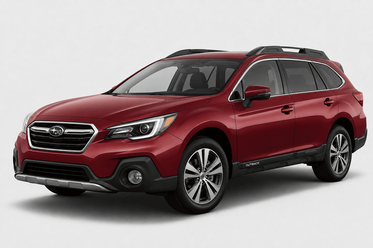 A red Subaru Outback SUV shown from a three-quarter front angle on a light gray studio background.