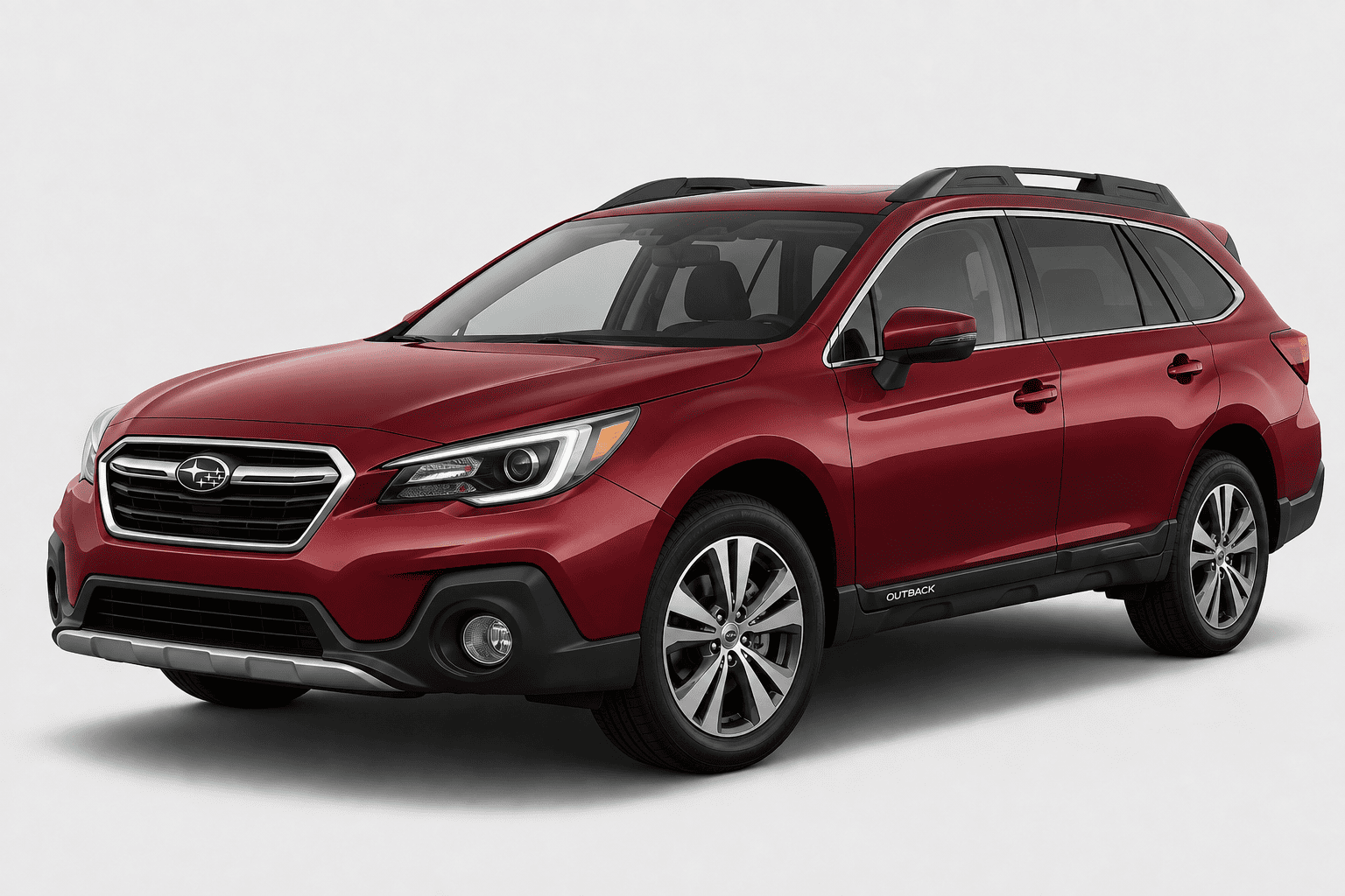 A red Subaru Outback SUV shown from a three-quarter front angle on a light gray studio background.