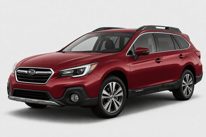 A red Subaru Outback SUV shown from a three-quarter front angle on a light gray studio background.