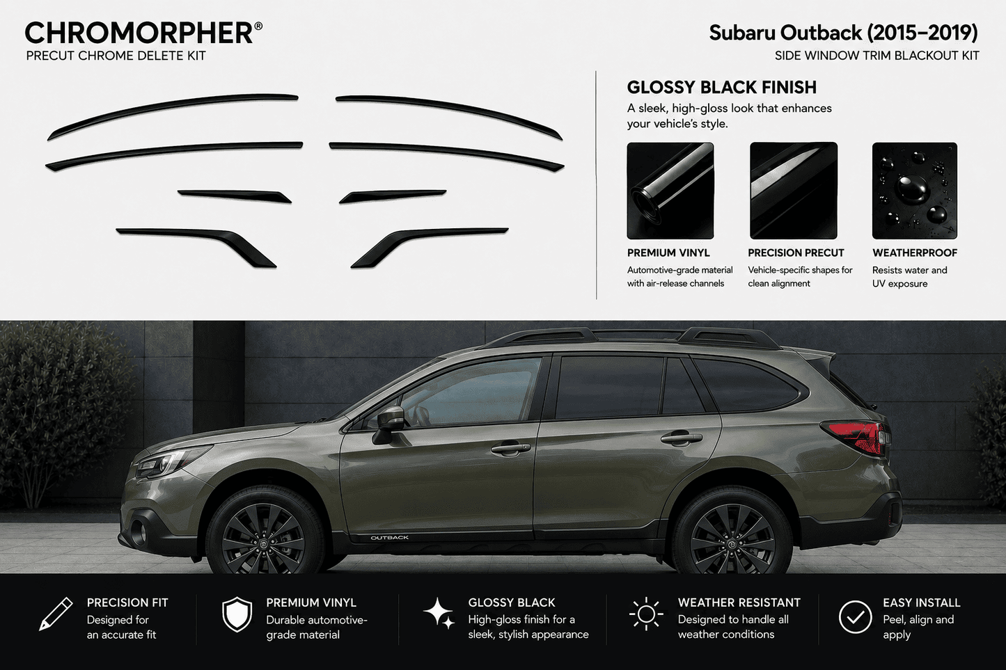 Chromorpher Subaru Outback 2015-2019 side window trim blackout kit, showing the six pre-cut vinyl window strips at the top, feature callouts, and a dark olive green Subaru Outback SUV on a dark gray background at the bottom.
