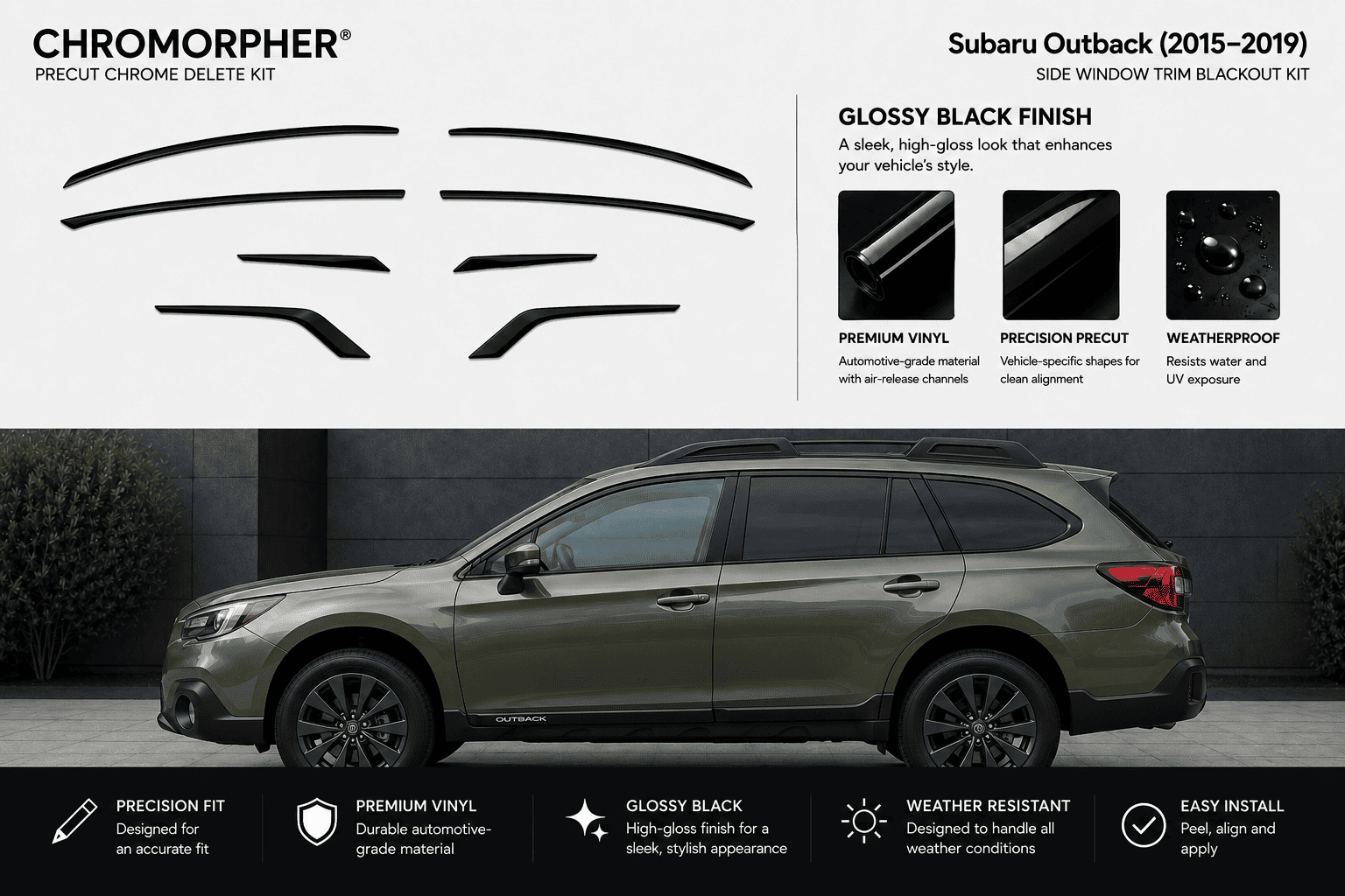 Chromorpher Subaru Outback 2015-2019 side window trim blackout kit, showing the six pre-cut vinyl window strips at the top, feature callouts, and a dark olive green Subaru Outback SUV on a dark gray background at the bottom.