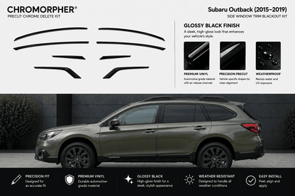 Chromorpher Subaru Outback 2015-2019 side window trim blackout kit, showing the six pre-cut vinyl window strips at the top, feature callouts, and a dark olive green Subaru Outback SUV on a dark gray background at the bottom.