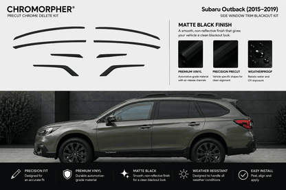Chromorpher Subaru Outback 2015-2019 precut chrome delete kit in matte black finish, showing the black trim pieces on a white background above and installed on a dark gray Subaru Outback SUV below.
