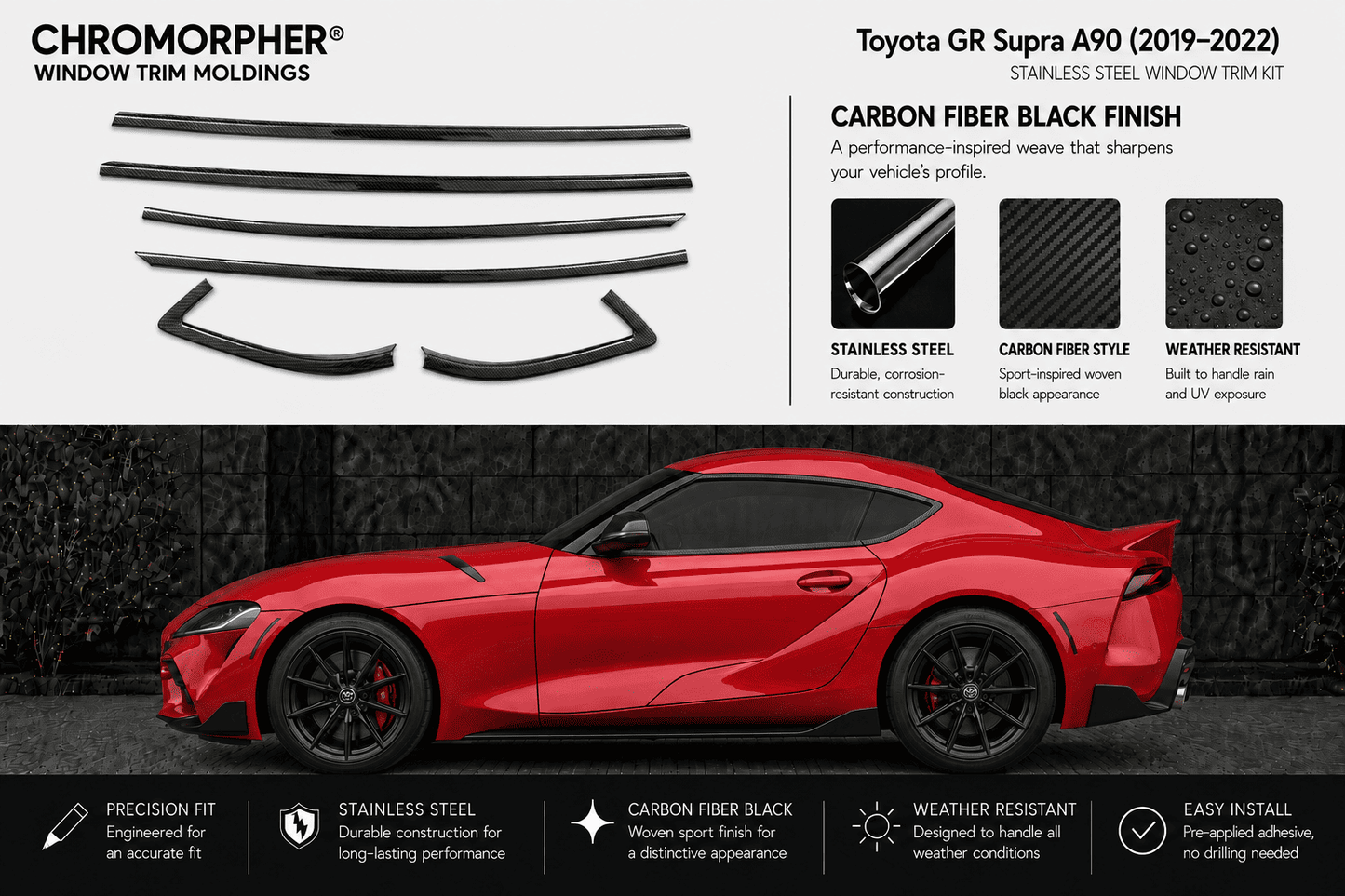 Chromorphor window trim moldings for Toyota GR Supra A90 (2019-2022) in a carbon fiber black finish. The image features the four black trim pieces at the top, product details, and a red sports car on a dark background at the bottom to show the installed look.