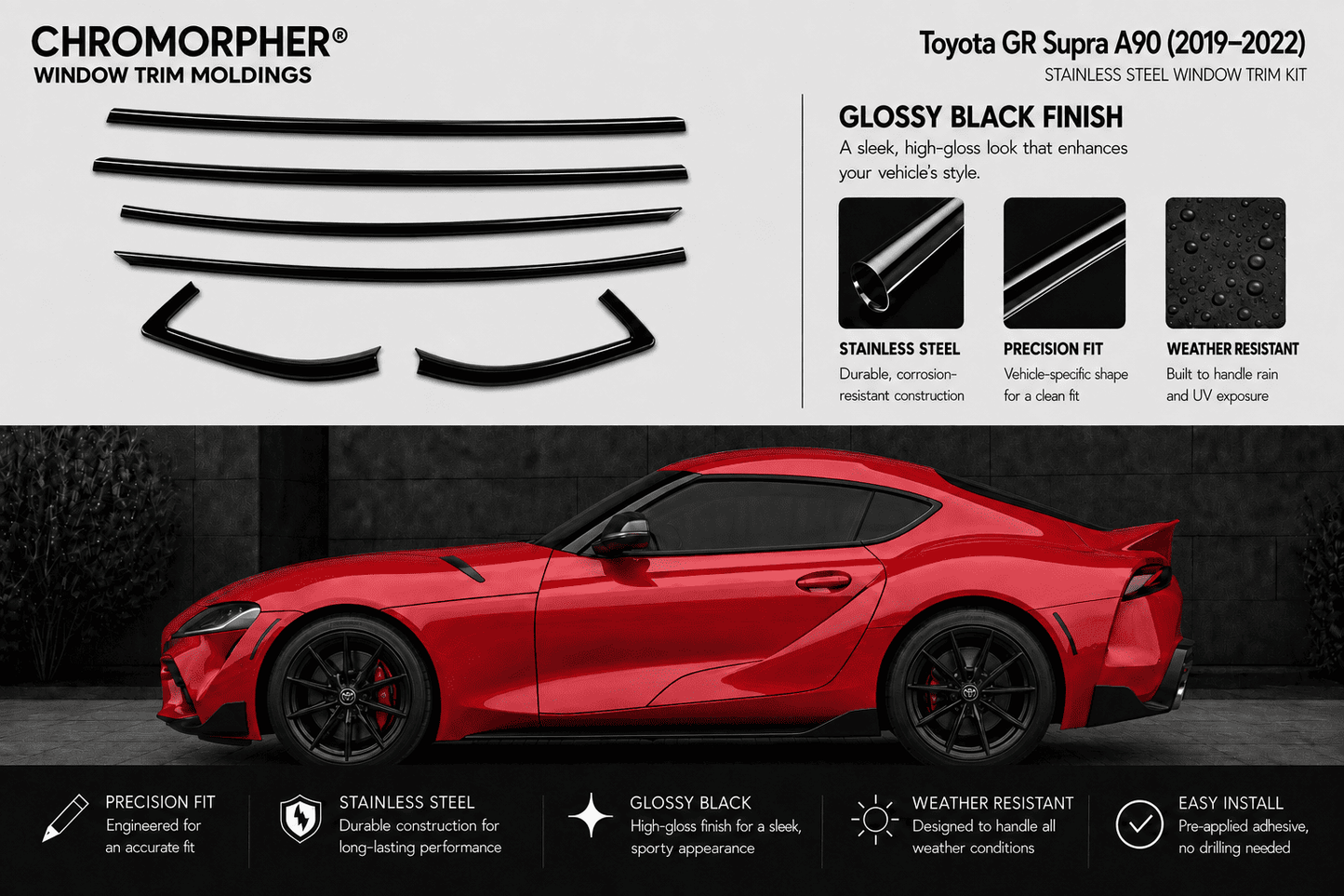 Chromorphorer window trim moldings kit for a Toyota GR Supra A90 (2019-2022), featuring glossy black steel trim pieces shown on the left and installed on a red sports car on the right.