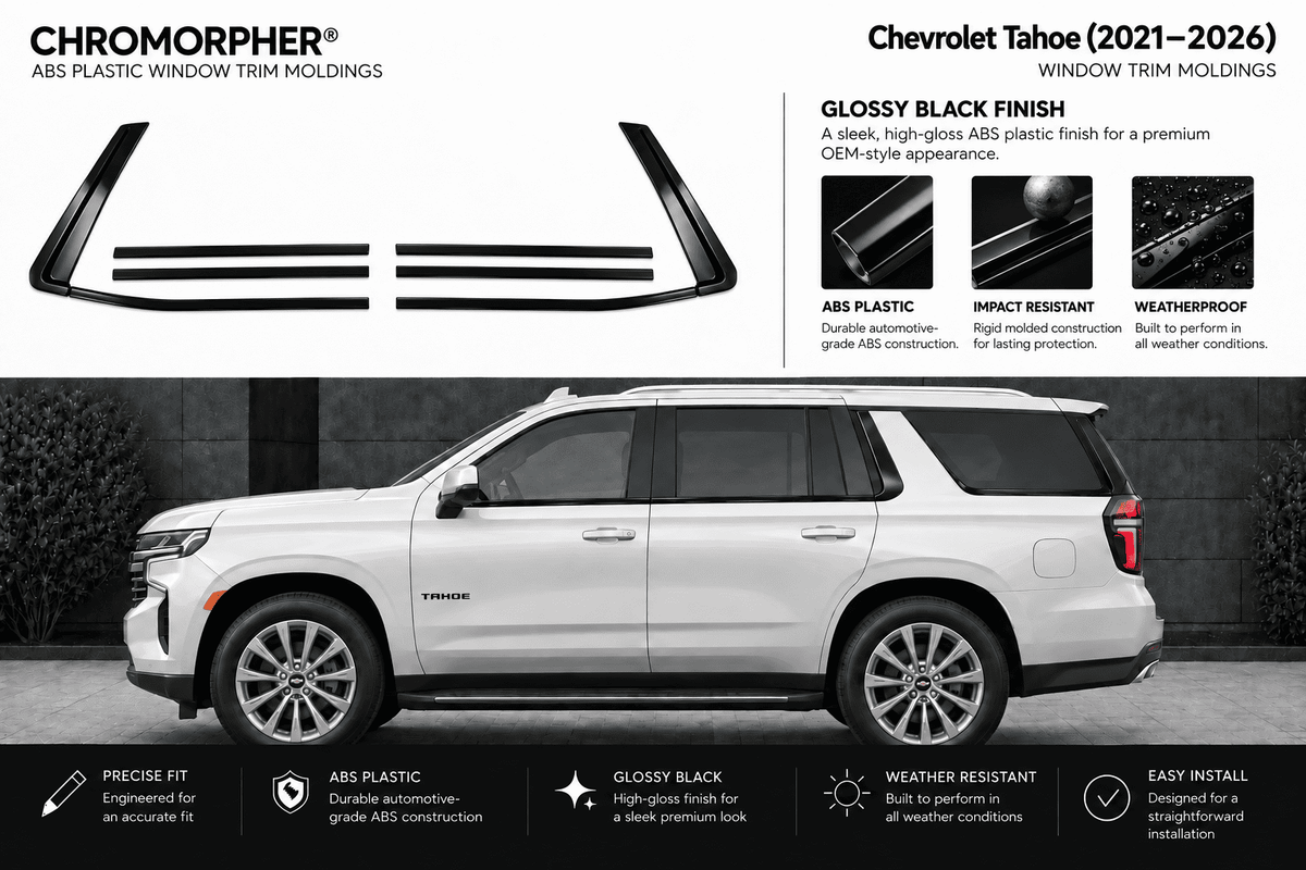 Chromorphor Chevrolet Tahoe window trim molding kit for 2021-2026 models, featuring glossy black ABS plastic trim pieces shown on a white SUV in a dark outdoor setting.