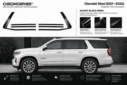 Chromorphor Chevrolet Tahoe window trim molding kit for 2021-2026 models, featuring glossy black ABS plastic trim pieces shown on a white SUV in a dark outdoor setting.