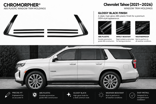 Chromorphor Chevrolet Tahoe window trim molding kit for 2021-2026 models, featuring glossy black ABS plastic trim pieces shown on a white SUV in a dark outdoor setting.