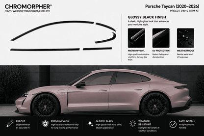 Porsche Taycan (2020-2026) Chromorpher vinyl window trim chrome delete kit. The image features a gloss black finish trim piece diagram at the top, product feature callouts, and a side profile of a pink Porsche Taycan demonstrating the installed look.