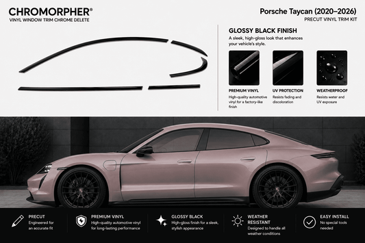 Porsche Taycan (2020-2026) Chromorpher vinyl window trim chrome delete kit. The image features a gloss black finish trim piece diagram at the top, product feature callouts, and a side profile of a pink Porsche Taycan demonstrating the installed look.