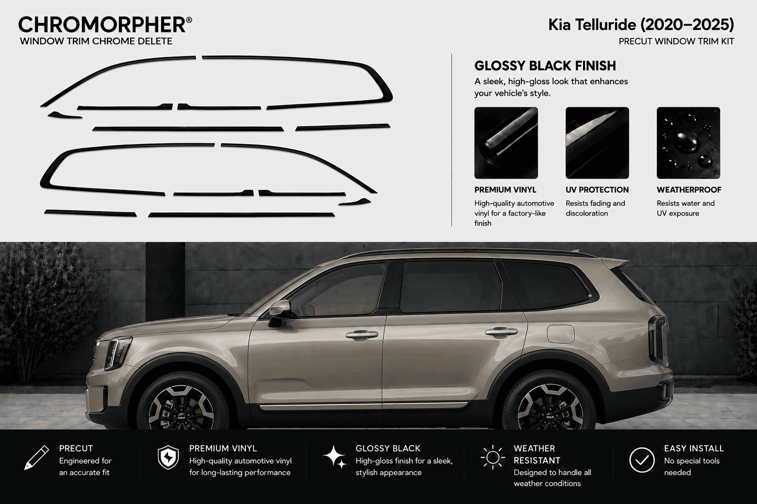 Chromorpher Kia Telluride window trim chrome delete kit shown with black vinyl decal outlines above a silver Kia Telluride SUV on a dark background. The image includes feature callouts for glossy black finish, UV protection, weatherproofing, and easy installation.