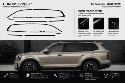Chromorpher Kia Telluride window trim chrome delete kit shown with black vinyl decal outlines above a silver Kia Telluride SUV on a dark background. The image includes feature callouts for glossy black finish, UV protection, weatherproofing, and easy installation.