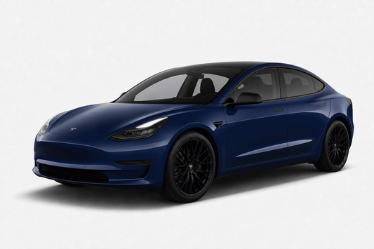 A dark blue Tesla Model 3 sedan with black wheels, shown from a three-quarter front angle on a light gray studio background.