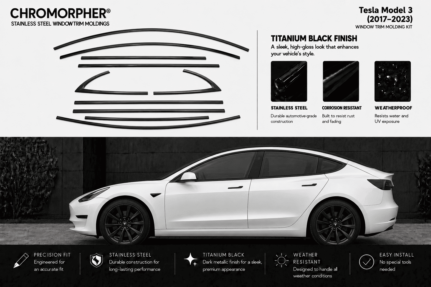 Promotional graphic for Chromorpher stainless steel window trim holders designed for a Tesla Model 3. The top half features black line drawings of the holder shapes and text detailing the titanium black finish, while the bottom half shows a white Tesla Model 3 with installed black window trim holders.