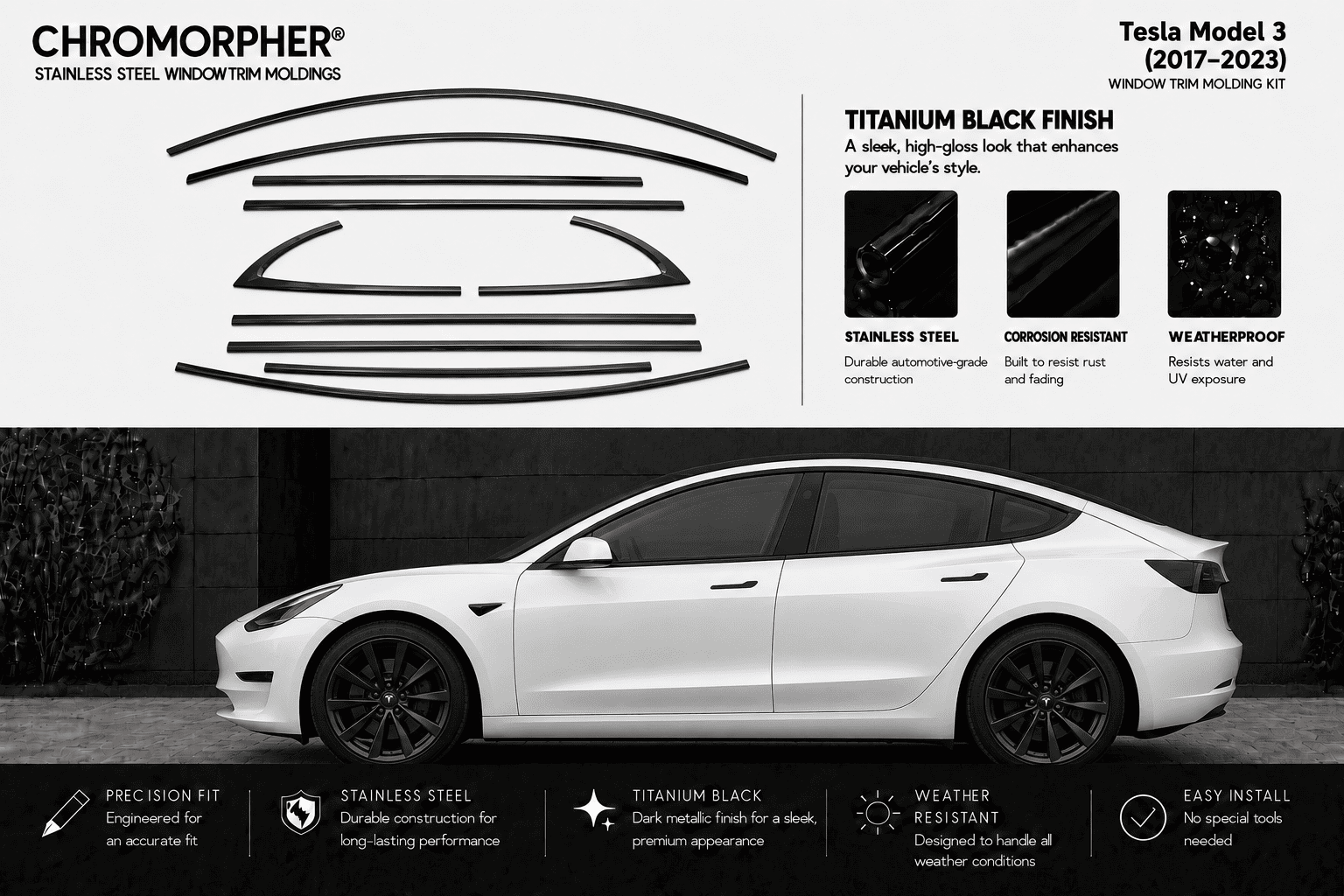 Promotional graphic for Chromorpher stainless steel window trim holders designed for a Tesla Model 3. The top half features black line drawings of the holder shapes and text detailing the titanium black finish, while the bottom half shows a white Tesla Model 3 with installed black window trim holders.