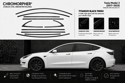 Promotional graphic for Chromorpher stainless steel window trim holders designed for a Tesla Model 3. The top half features black line drawings of the holder shapes and text detailing the titanium black finish, while the bottom half shows a white Tesla Model 3 with installed black window trim holders.