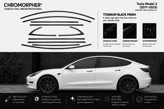 Promotional graphic for Chromorpher stainless steel window trim holders designed for a Tesla Model 3. The top half features black line drawings of the holder shapes and text detailing the titanium black finish, while the bottom half shows a white Tesla Model 3 with installed black window trim holders.