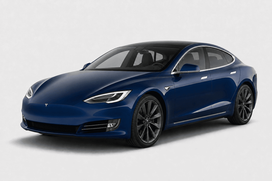 A blue Tesla Model S sedan shown from a three-quarter front angle against a light gray studio background.