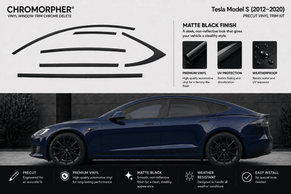 Promotional graphic for a Chromorpher precut vinyl trim kit designed for a Tesla Model S (2012-2020). The top half features a white background with a black line drawing of the car's side profile, product specifications, and feature callouts for matte black finish, premium vinyl, UV protection, and weatherproofing.