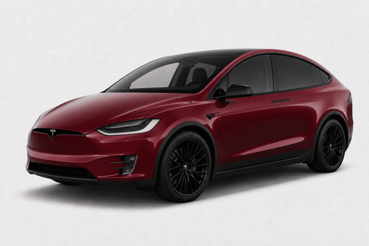 A Tesla Model X in metallic deep red with black wheels and a black roof, shown from a three-quarter front angle on a light gray background.