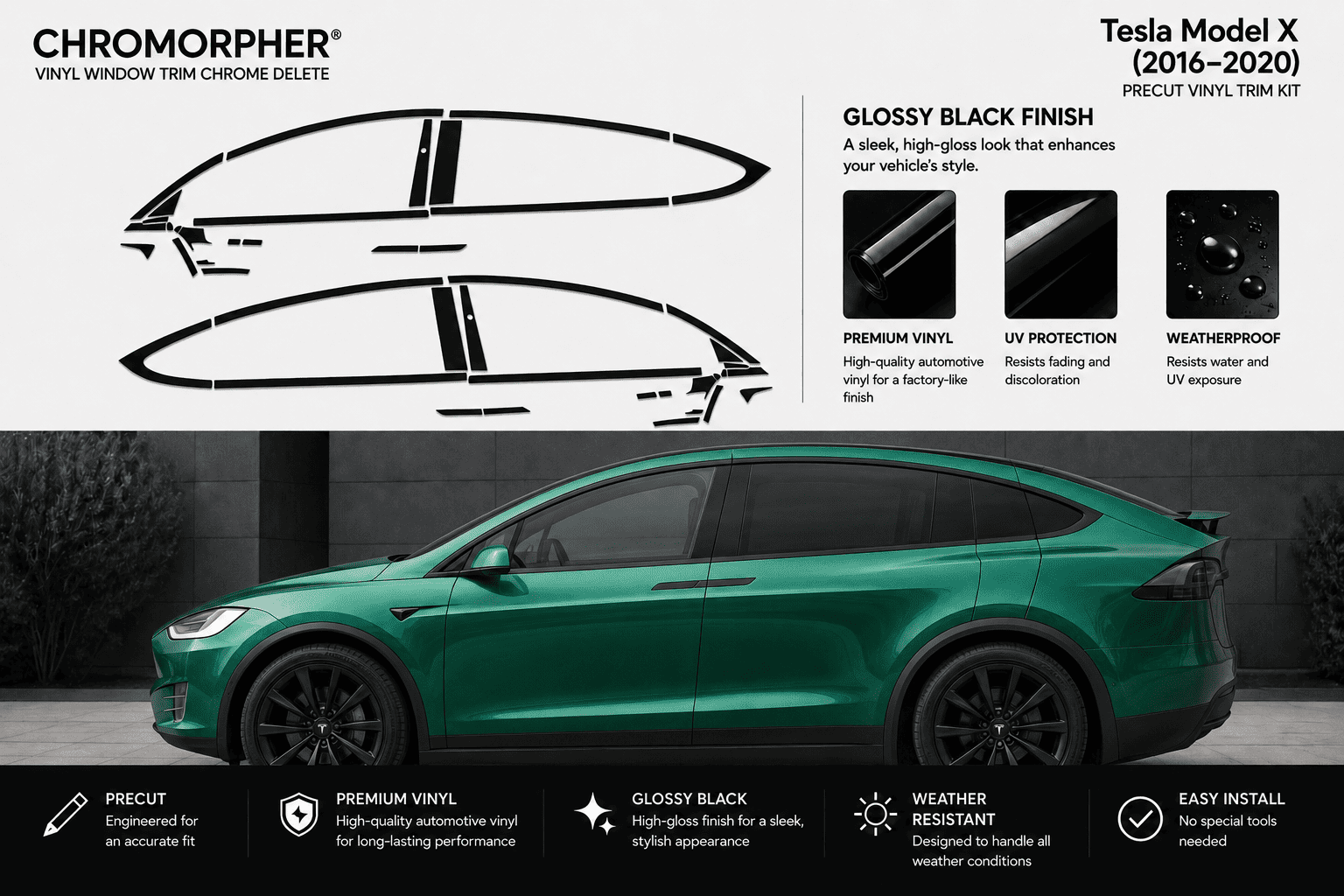Chromorphor Tesla Model X vinyl window trim chrome delete kit in glossy black finish, shown with a green Tesla Model X car on a dark background and product feature callouts.