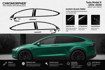 Chromorphor Tesla Model X vinyl window trim chrome delete kit in glossy black finish, shown with a green Tesla Model X car on a dark background and product feature callouts.