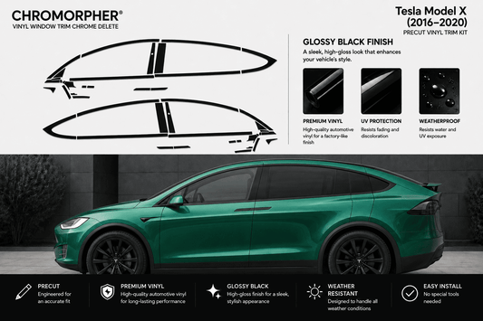 Chromorphor Tesla Model X vinyl window trim chrome delete kit in glossy black finish, shown with a green Tesla Model X car on a dark background and product feature callouts.