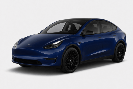 A blue Tesla Model Y with black wheels, shown from a three-quarter front angle on a light gray studio background.