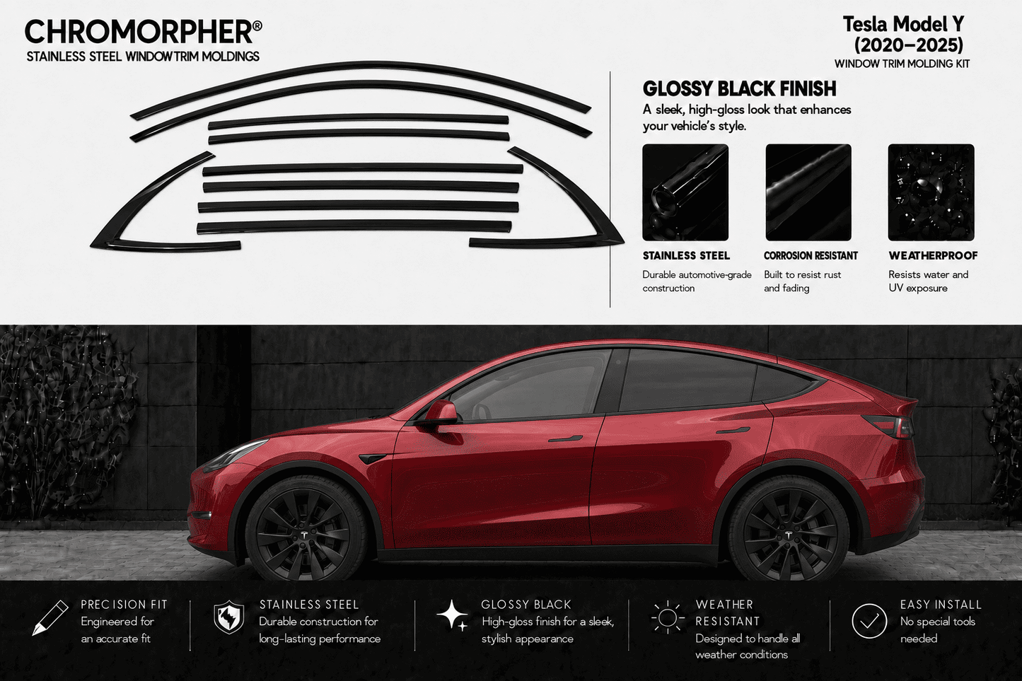 Chromorpher stainless steel window trim kit for Tesla Model Y, featuring a red car on a dark gray background with product details, diagrams, and feature icons.