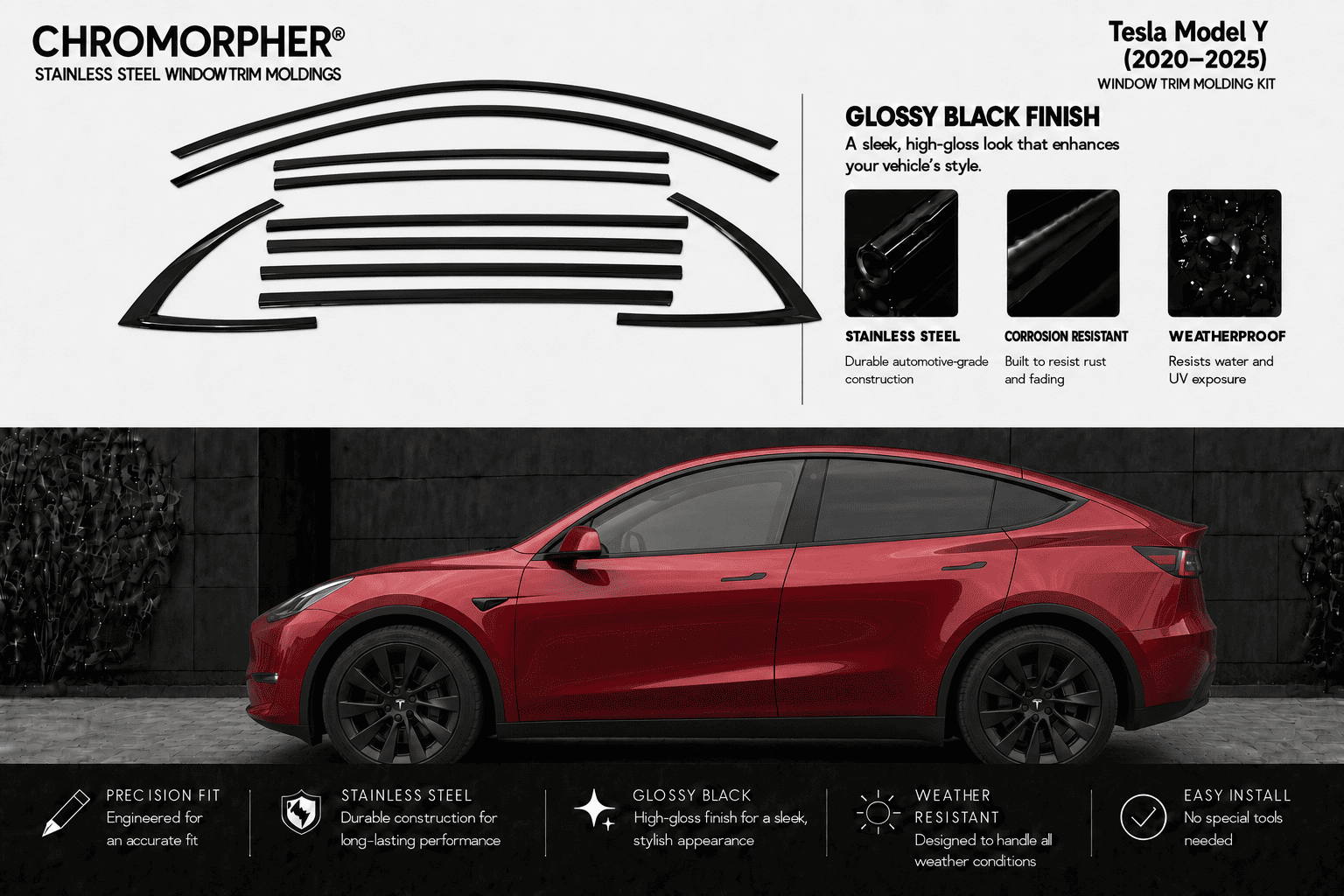Chromorpher stainless steel window trim kit for Tesla Model Y, featuring a red car on a dark gray background with product details, diagrams, and feature icons.