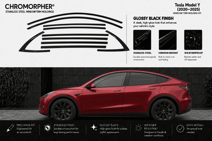 Chromorpher stainless steel window trim kit for Tesla Model Y, featuring a red car on a dark gray background with product details, diagrams, and feature icons.