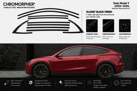 Chromorpher stainless steel window trim kit for Tesla Model Y, featuring a red car on a dark gray background with product details, diagrams, and feature icons.