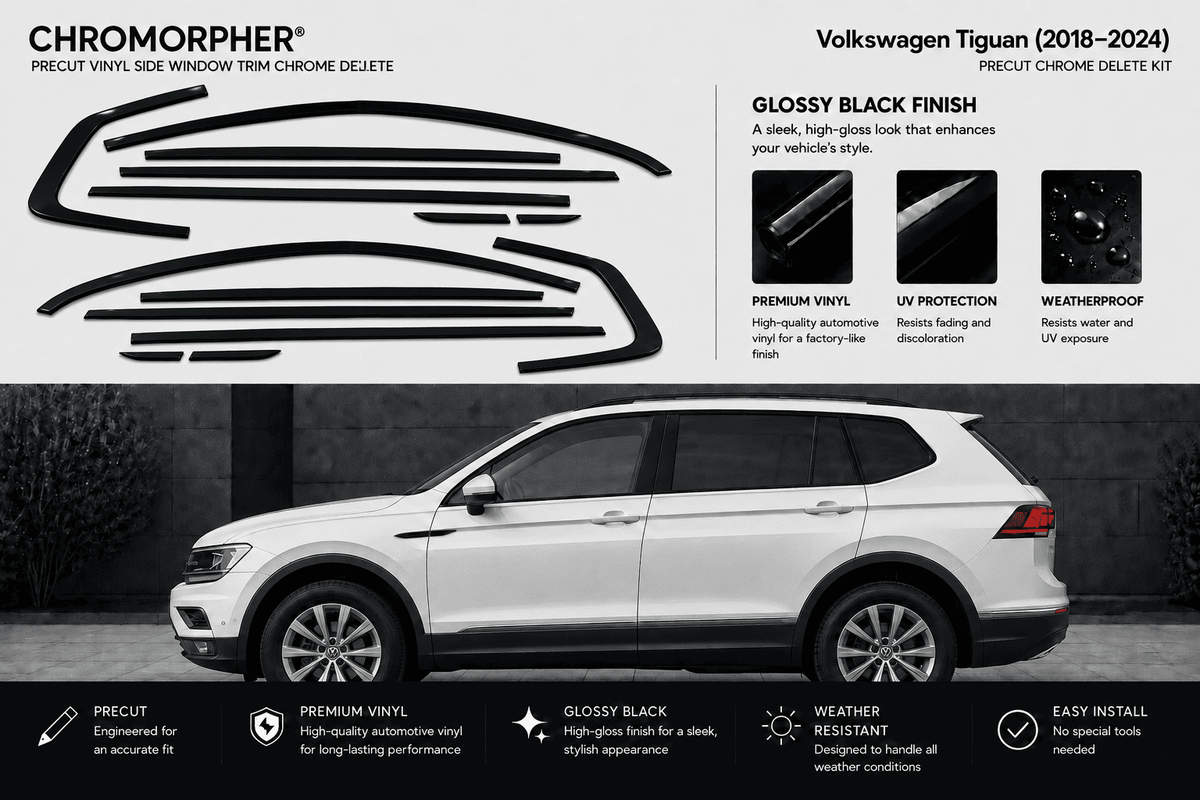 Chromorphor Volkswagen Tiguan glossy black side window trim chrome delete kit shown with a white SUV on a dark gray background, featuring product specifications, finish benefits, and installation notes.