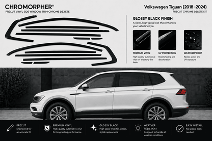 Chromorphor Volkswagen Tiguan glossy black side window trim chrome delete kit shown with a white SUV on a dark gray background, featuring product specifications, finish benefits, and installation notes.