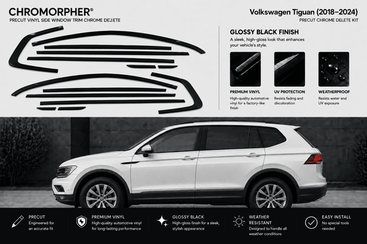 Chromorphor Volkswagen Tiguan glossy black side window trim chrome delete kit shown with a white SUV on a dark gray background, featuring product specifications, finish benefits, and installation notes.