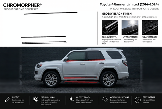 ChroMorpher Toyota 4Runner window trim (limited) precut chrome delete kit (2014–2024) showing the precut vinyl pieces and the trim area outlined in red.