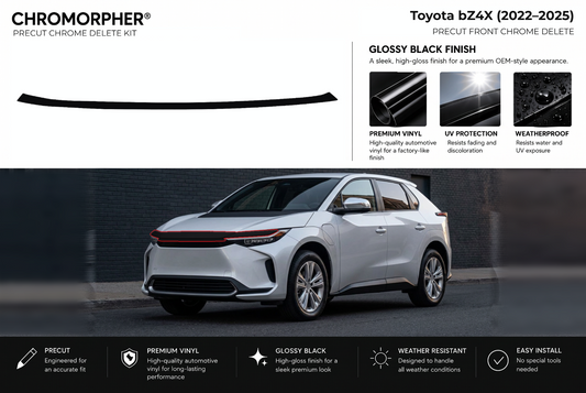 ChroMorpher Toyota bZ4X front precut chrome delete kit (2022–2025) showing the precut vinyl pieces and the trim area outlined in red.