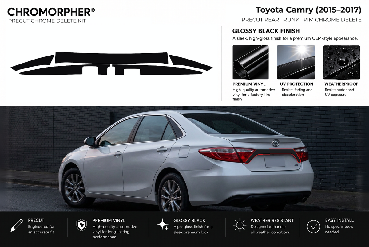 ChroMorpher Toyota Camry rear trunk trim precut chrome delete kit (2015–2017) showing the precut vinyl pieces and the trim area outlined in red.