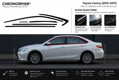 ChroMorpher Toyota Camry window trim precut chrome delete kit (2015–2017) showing the precut vinyl pieces and the trim area outlined in red.