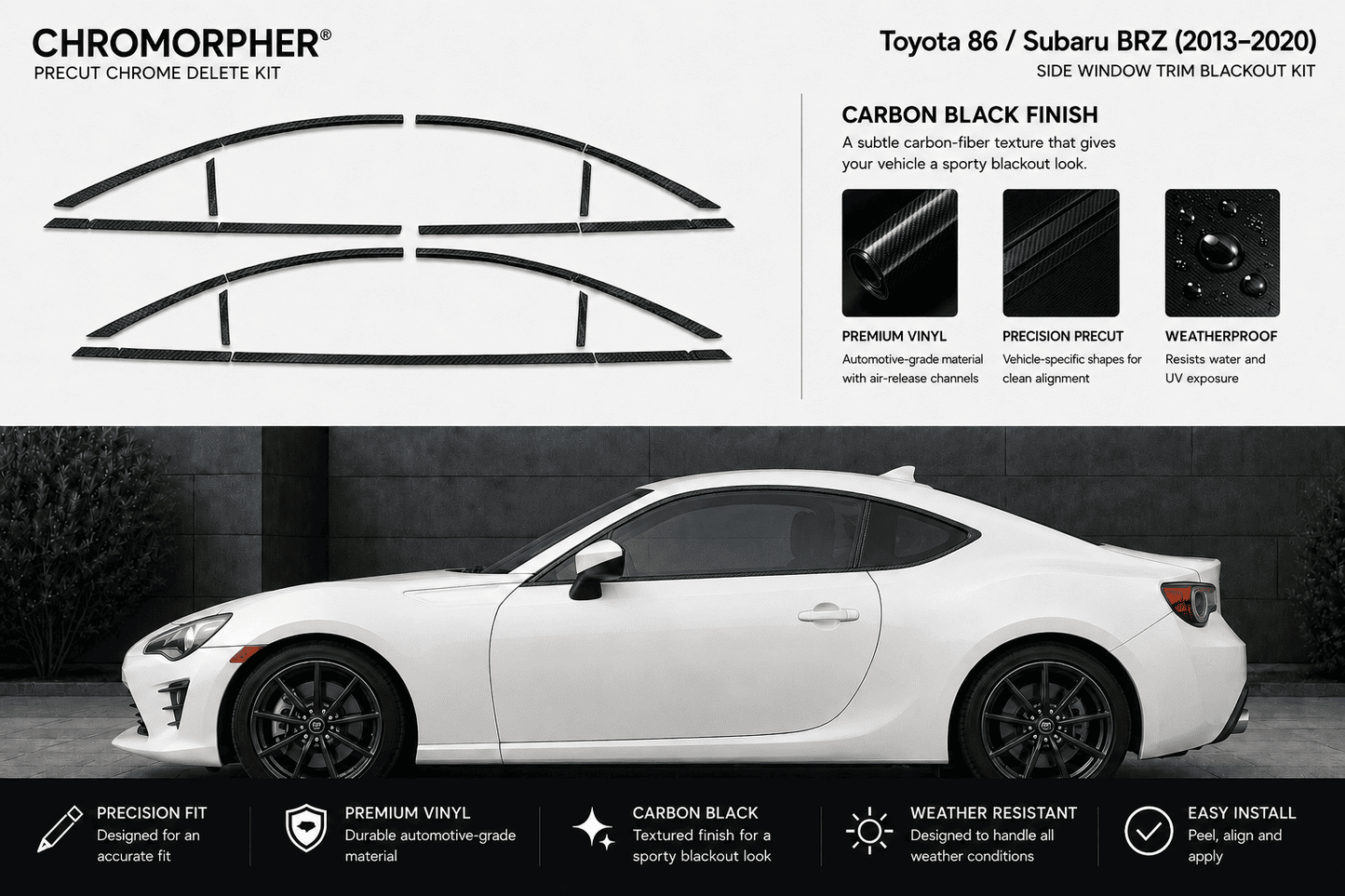Chromorphor Precut Chrome Delete Kit for Toyota 86 / Subaru BRZ (2013-2020) in Carbon Black Finish. The top half shows the black precut window trim pieces on a white background with product features.