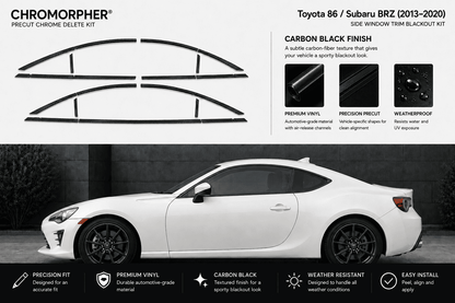 Chromorphor Precut Chrome Delete Kit for Toyota 86 / Subaru BRZ (2013-2020) in Carbon Black Finish. The top half shows the black precut window trim pieces on a white background with product features.